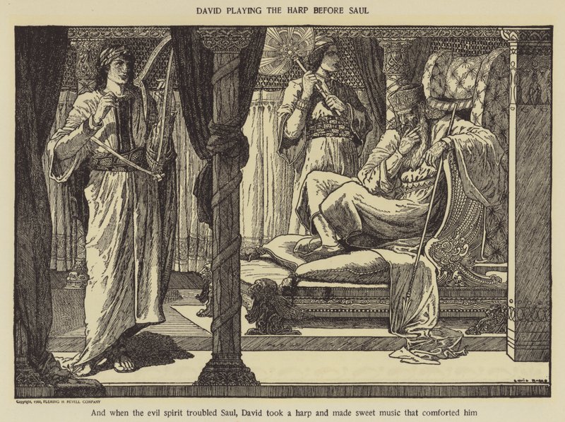Dávid hárfán játszik Saul előtt alkotó: Louis John Rhead