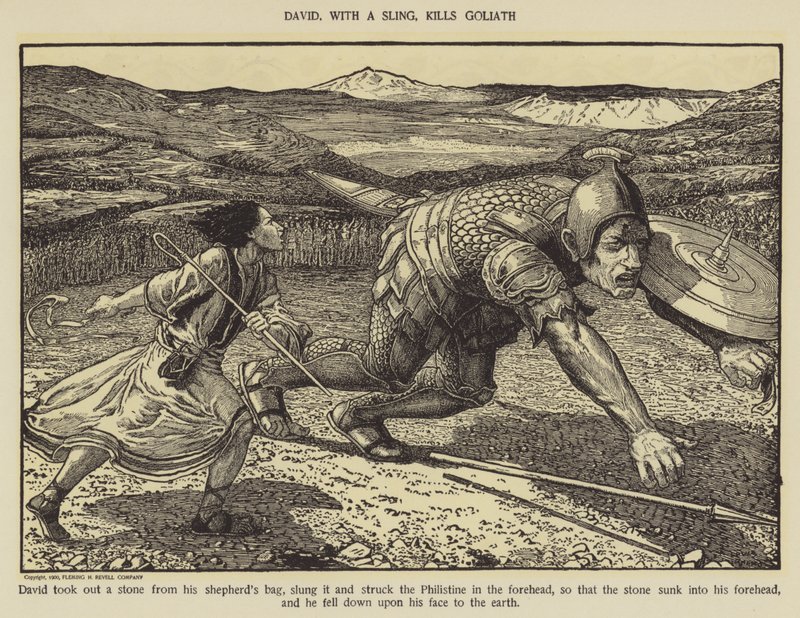 Dávid egy parittyával megöli Góliátot alkotó: Louis John Rhead