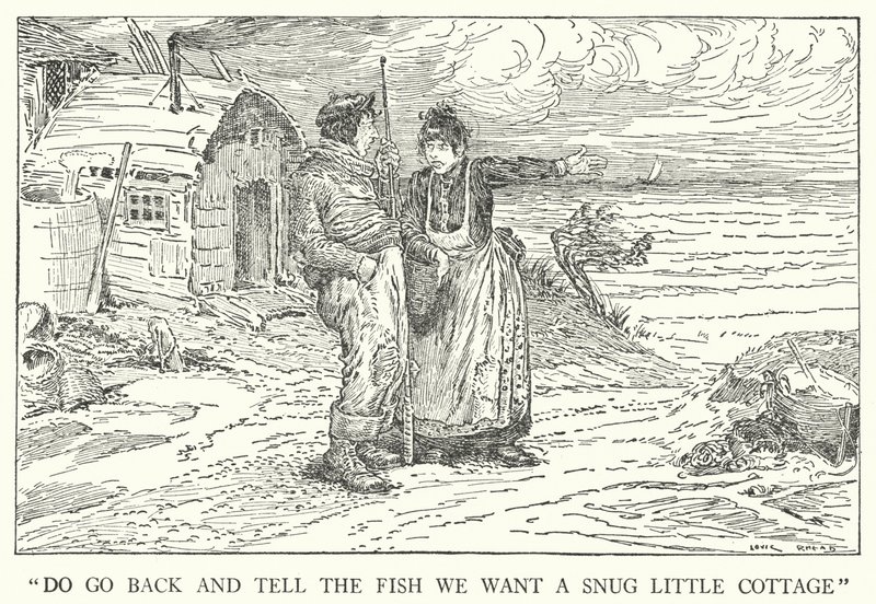 "Menj vissza, és mondd meg a halnak, hogy szeretnénk egy kényelmes kis házikót" (litho) alkotó: Louis John Rhead