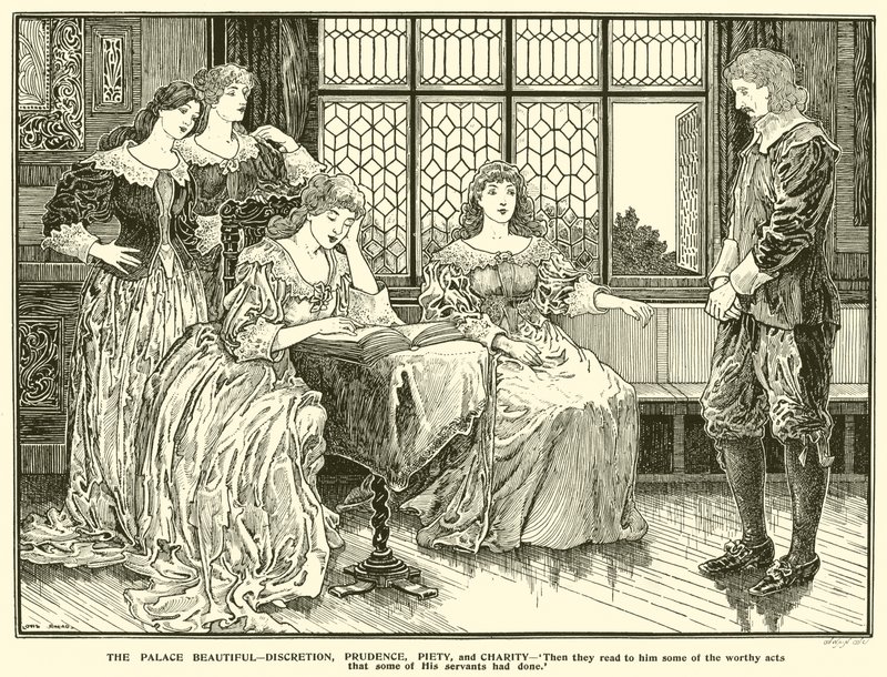 A palota gyönyörű, diszkréció, körültekintés, jámborság és jótékonyság (metszet) alkotó: Louis John Rhead