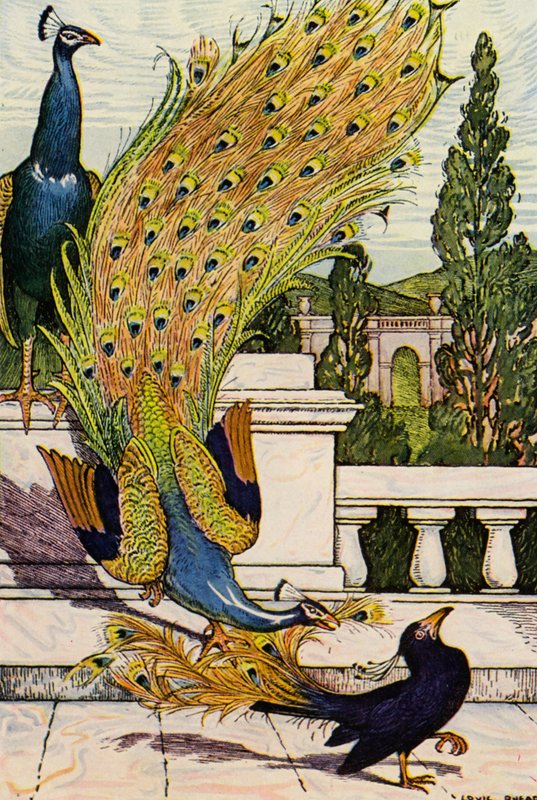 A páva és a szarka (színes litográfia) alkotó: Louis John Rhead