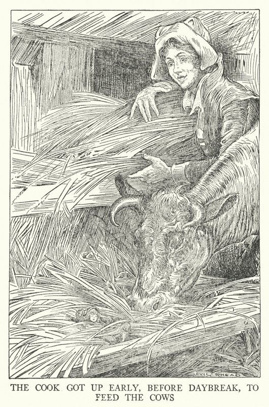 A szakács korán kelt, még hajnal előtt, hogy etesse a teheneket (litho) alkotó: Louis John Rhead