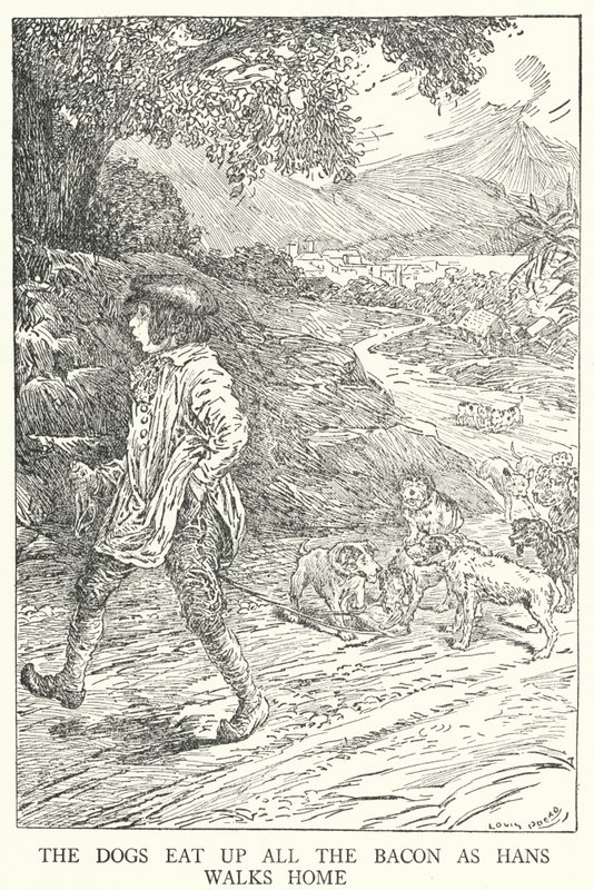 A kutyák megeszik az összes szalonnát, miközben Hans hazafelé sétál (litho) alkotó: Louis John Rhead