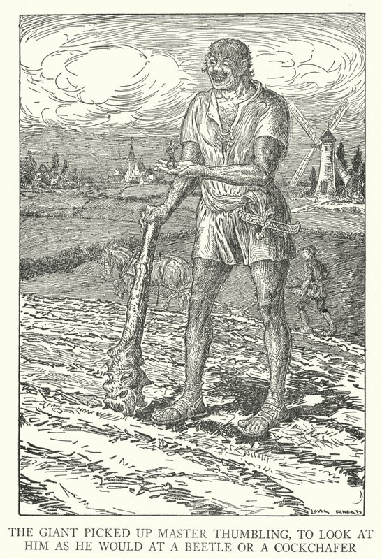Az óriás felkapta Thumbling mestert, hogy úgy nézzen rá, mint egy bogarra vagy egy kakaskakasra (litho) alkotó: Louis John Rhead