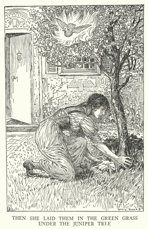 A zöld fűbe fektette őket a borókafa alá (litho) alkotó: Louis John Rhead