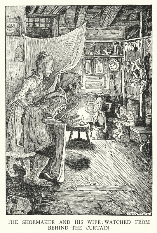 A cipész és felesége a függöny mögül nézte (litho) alkotó: Louis John Rhead