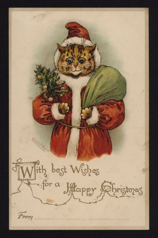 Macska, mint Mikulás, karácsonyi üdvözlőlap (chromolitho) alkotó: Louis Wain