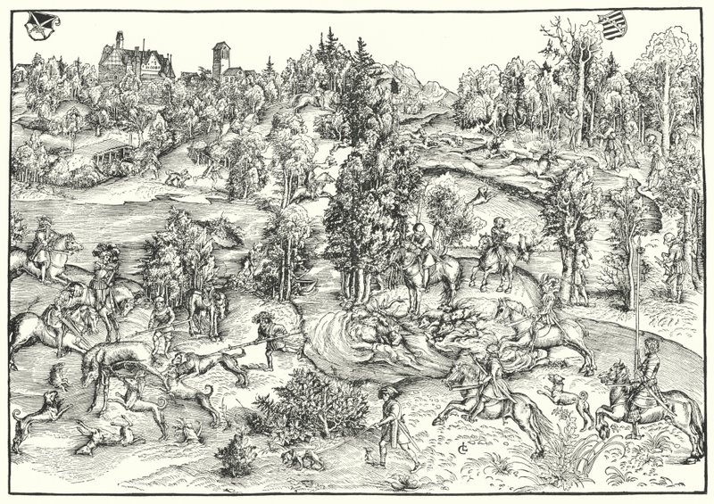 Szarvasvadászat szarvasparkban vagy tájképen (metszet) alkotó: Lucas the Elder (after) Cranach