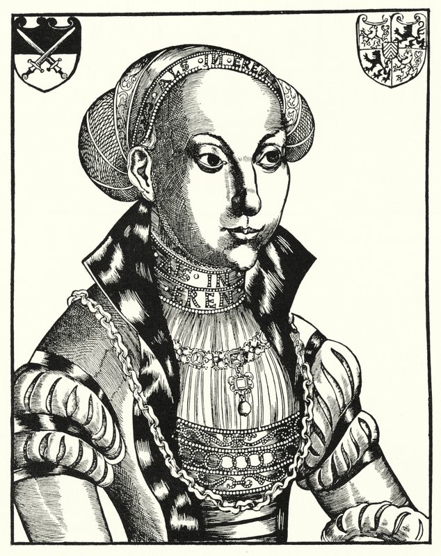 Cleves-i Sybille, I. János Frigyes szász választófejedelem hitvese (metszet) alkotó: Lucas the Elder (after) Cranach