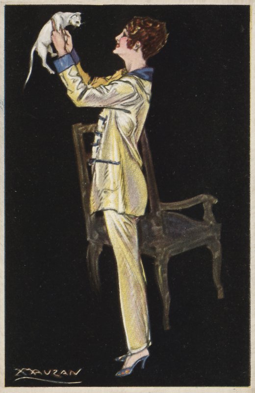 Lány pizsamában, kezében fehér macska (színes litho) alkotó: Luciano Achille Mauzan