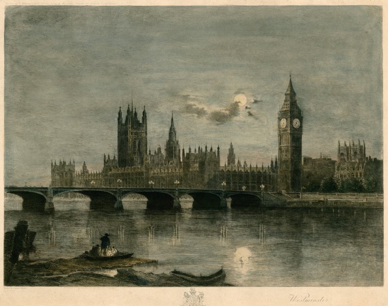 Westminster éjjel színes metszet alkotó: Lucien Marcelin Gautier