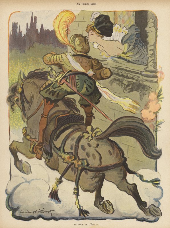 Lovas feláll a kengyelében, hogy csókot kapjon egy hölgytől, ahogy ellovagol mellette alkotó: Lucien Metivet