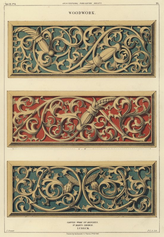Faragott famunka padokon a Lübeck-i Szent Mária-templomban, Németország (színes litó) alkotó: Ludwig Gruner
