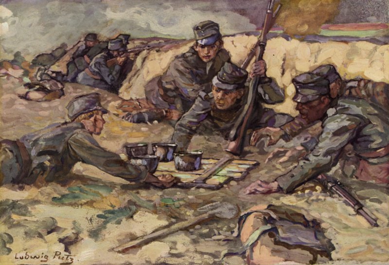 Frissítés a terepi konyháról a lövészárokban vívott harcok alatt (színes litó) alkotó: Ludwig Putz
