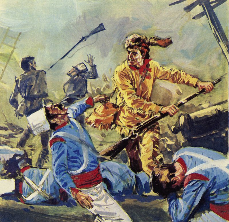 Davy Crockett végül elesett a szüntelen mexikói támadások miatt (színes lithó) alkotó: Luis Arcas Brauner