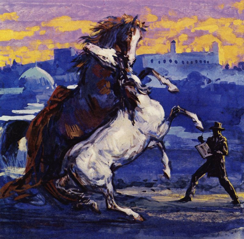 Delacroix két vad csődört látott harcolni, és nem törődve a veszéllyel, megrajzolta a jelenetet (színes litográfia). alkotó: Luis Arcas Brauner