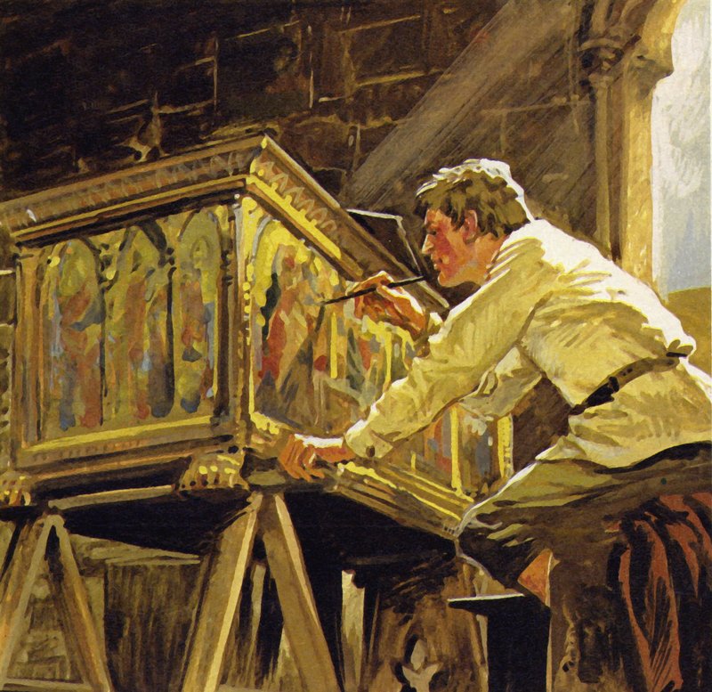 Duccio di Buoninsegna Sienában dobozok díszítésén dolgozott (színes litográfia) alkotó: Luis Arcas Brauner