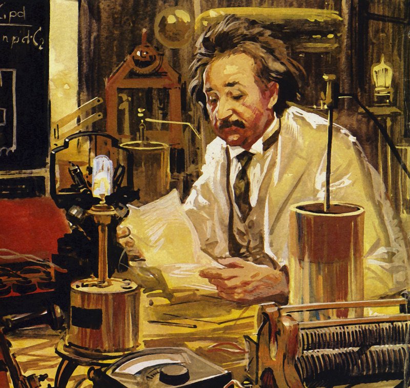 Einstein számos egyetemen és politechnikumban dolgozott (színes litográfia). alkotó: Luis Arcas Brauner