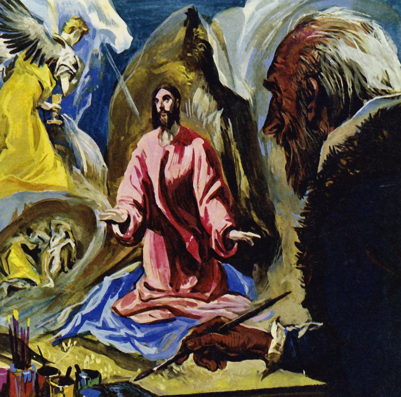 El Greco 73 éves korában bekövetkezett haláláig folytatta a vallási témák festését (színes litográfia). alkotó: Luis Arcas Brauner