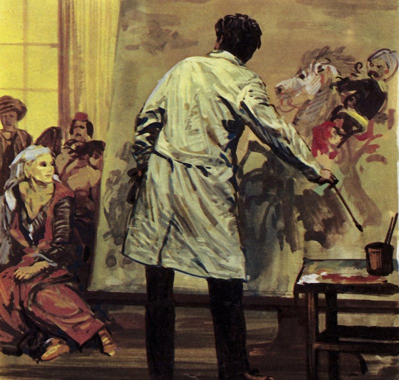 Eugene Delacroix másfél évet töltött a "Sciói mészárlás" (színes litográfia) festésével. alkotó: Luis Arcas Brauner