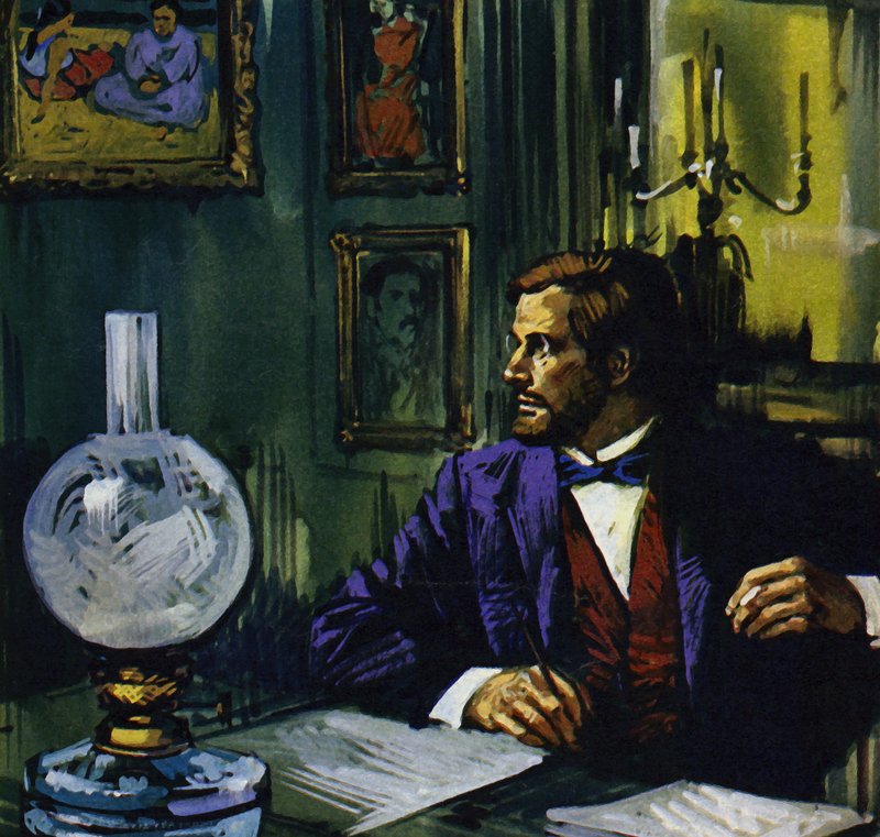 Gauguin remélte, hogy visszatérhet Franciaországba, de barátja meggyőzte, hogy maradjon Tahitin (színes litográfia). alkotó: Luis Arcas Brauner