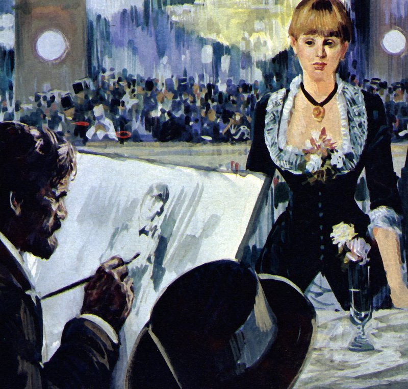 Manet a Folies-Bergere bárpult mögött álló lányt festő festménye (színes litográfia) alkotó: Luis Arcas Brauner