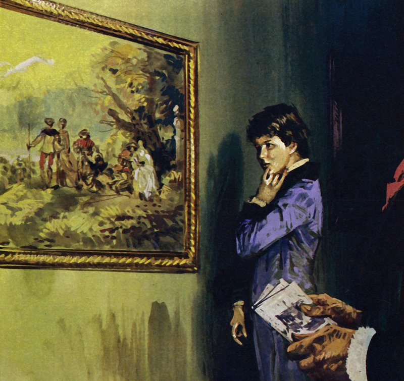 Renoir a Louvre-ba látogatna, hogy megcsodálja Watteau műveit (színes lithó). alkotó: Luis Arcas Brauner