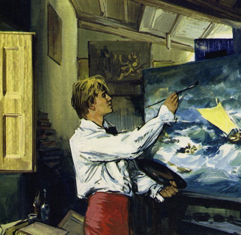 Turner a Walesben és a Wight-szigeten tett utazásai vázlatait nagyszabású festményekké alakította (színes litográfia). alkotó: Luis Arcas Brauner