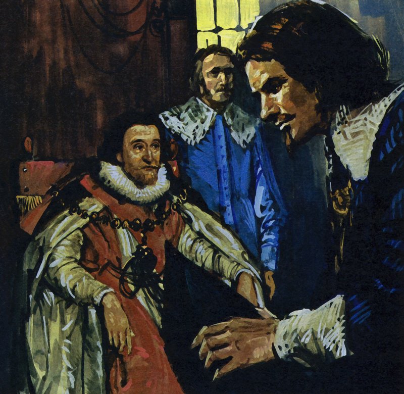 Van Dyckre felfigyelt Arundel grófja, aki bemutatta őt I. Jakab királynak (színes litográfia). alkotó: Luis Arcas Brauner