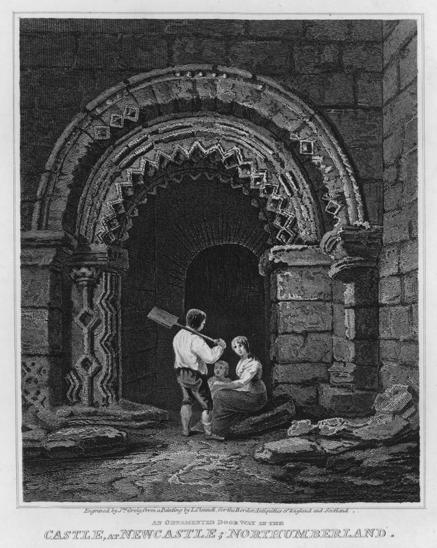 Egy díszes ajtó a kastélyban, Newcastle-ben, Northumberlandben (metszet) alkotó: Luke (after) Clennell