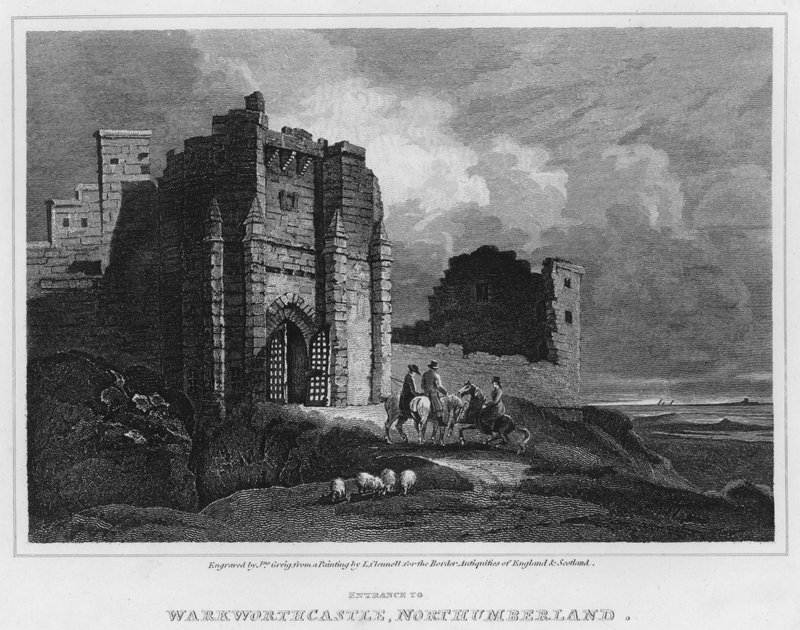 Warkworth kastély bejárata, Northumberland (metszet) alkotó: Luke (after) Clennell
