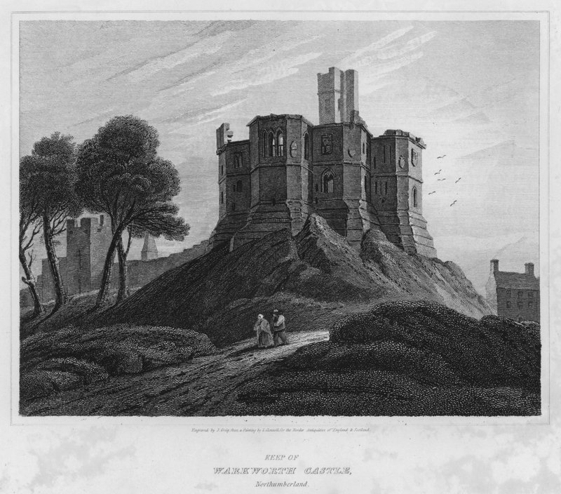 Warkworth kastély emléke, Northumberland (metszet) alkotó: Luke (after) Clennell