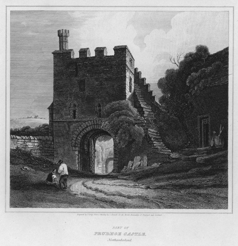 Prudhoe kastély része, Northumberland (metszet) alkotó: Luke (after) Clennell
