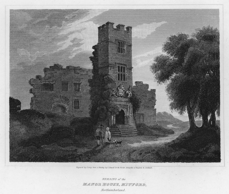 A Manor House maradványai, Mitford, Northumberland (metszet) alkotó: Luke (after) Clennell