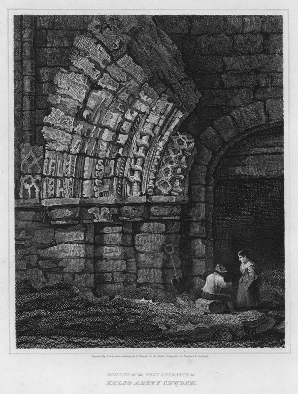 A kelsói apátsági templom nyugati bejáratának maradványai (metszet) alkotó: Luke (after) Clennell