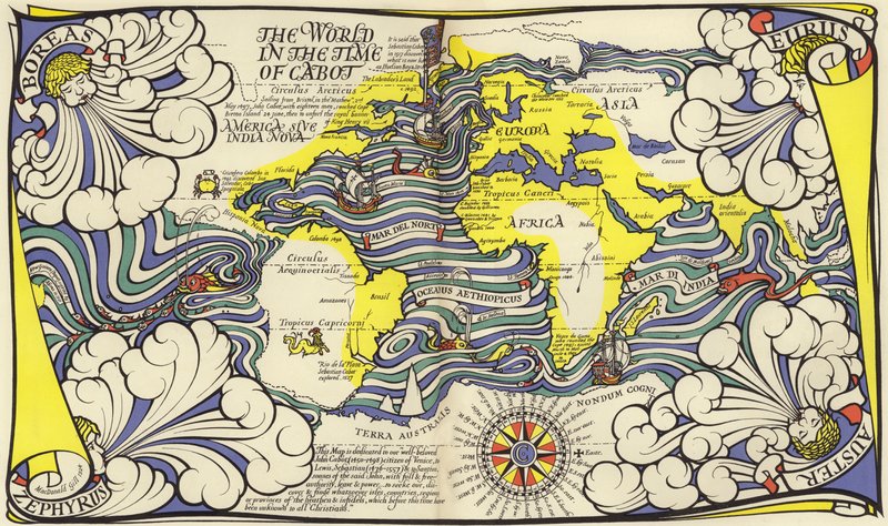 Világtérkép John és Sebastian Cabot navigátorok idejében (színes litó) alkotó: MacDonald Gill