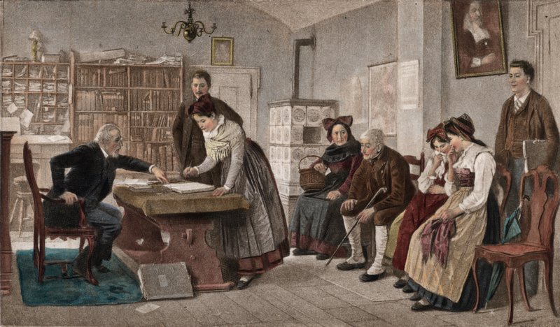 Házassági szerződés aláírása (színes fotógravír) alkotó: Marc Louis Benjamin Vautier