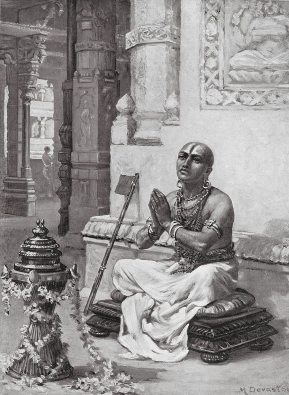 Ramanuja elmélkedik az Egyetlen Személyes Isten filozófiájáról, Kr. u. 1100 (litográfia) alkotó: Margaret (after) Dovaston