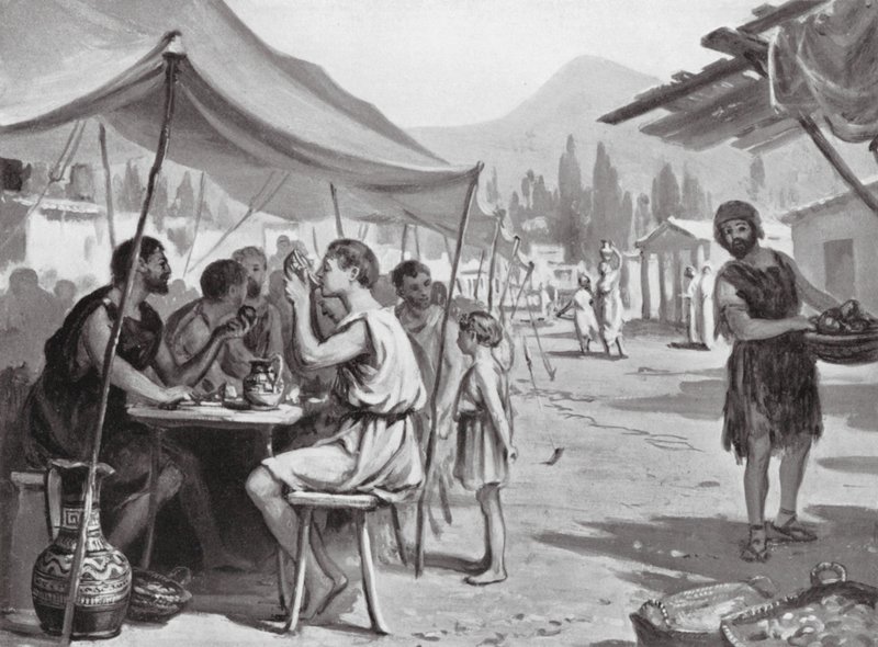 Spártaiak étkeznek a nyilvános asztaloknál (litográfia) alkotó: Margaret (after) Dovaston