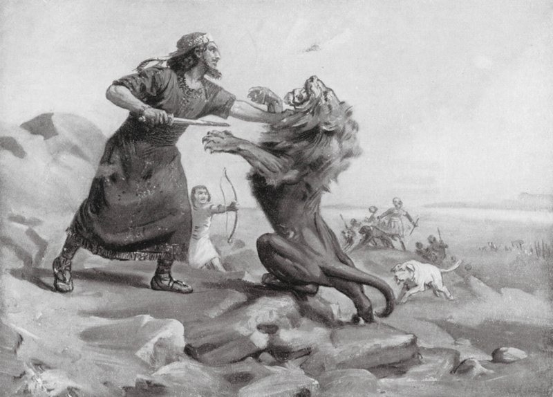 I. Tiglath-pilészer oroszlánt öl (litográfia) alkotó: Margaret (after) Dovaston