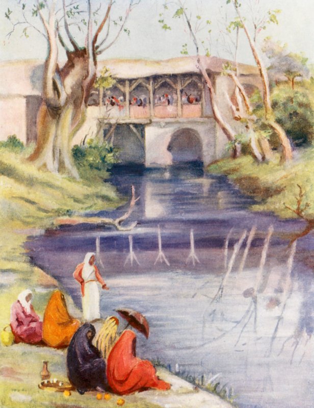 Kávézó a Baradán, Damaszkusz (színes litográfia) alkotó: Margaret Thomas