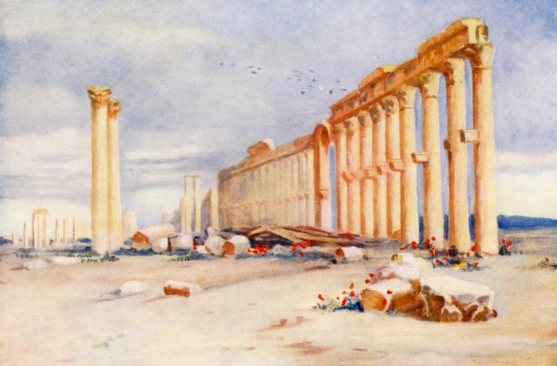 Colonnád, Palmyra, a távolban a török várral (színes litográfia) alkotó: Margaret Thomas