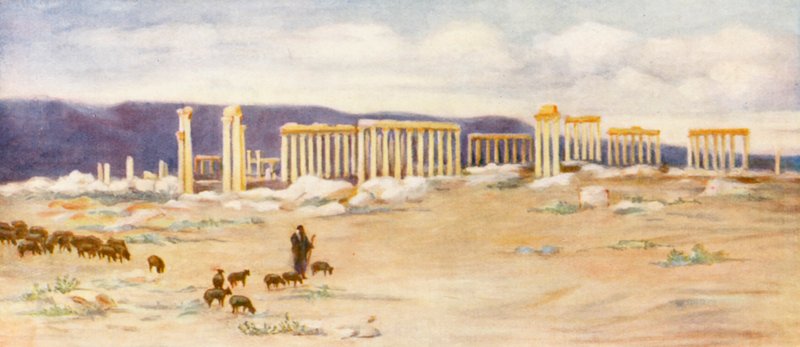 A palmyrai oszlopcsarnok általános látképe (színes litográfia) alkotó: Margaret Thomas
