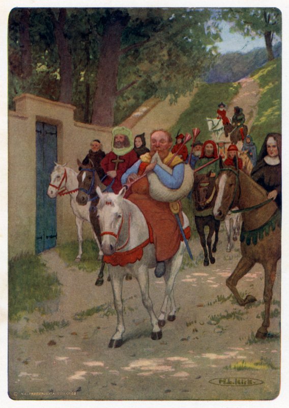Chaucer Canterbury-meséi: A Miller a városon kívül játssza a társaságot (színes litó) alkotó: Maria Louise Kirk
