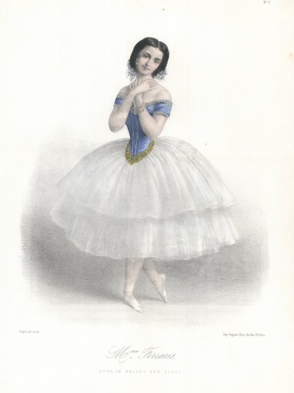 Amalia Ferraris olasz balett-táncosnő a Ballet des Elfesben a Párizsi Operaházban, 1860 (színes litó) alkotó: Marie Alexandre (after) Alophe