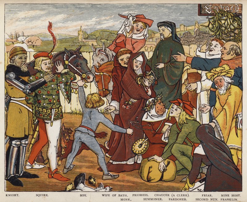 Geoffrey Chaucer, A Canterbury-mesék, A zarándokok elhagyják a Tabard Inn-t (színes litó) alkotó: Mary Eliza Haweis