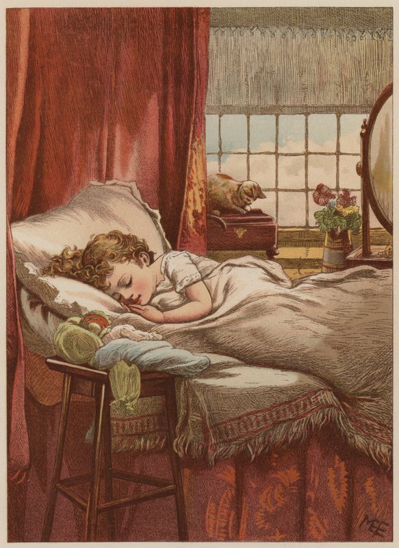 Gyermek alszik az ágyban (chromolitho) alkotó: Mary Ellen Edwards