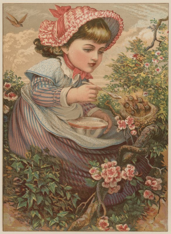 Madarakat etető lány (chromolitho) alkotó: Mary Ellen Edwards