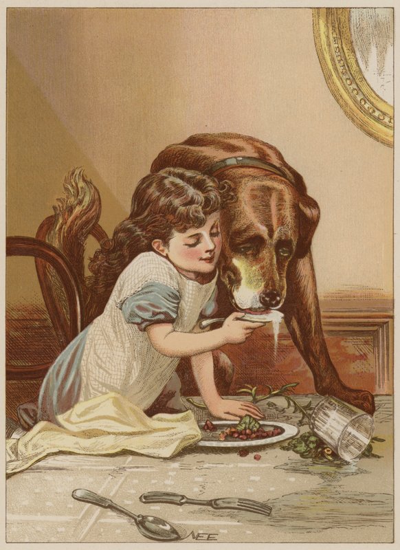 Lányt etető kutya (chromolitho) alkotó: Mary Ellen Edwards