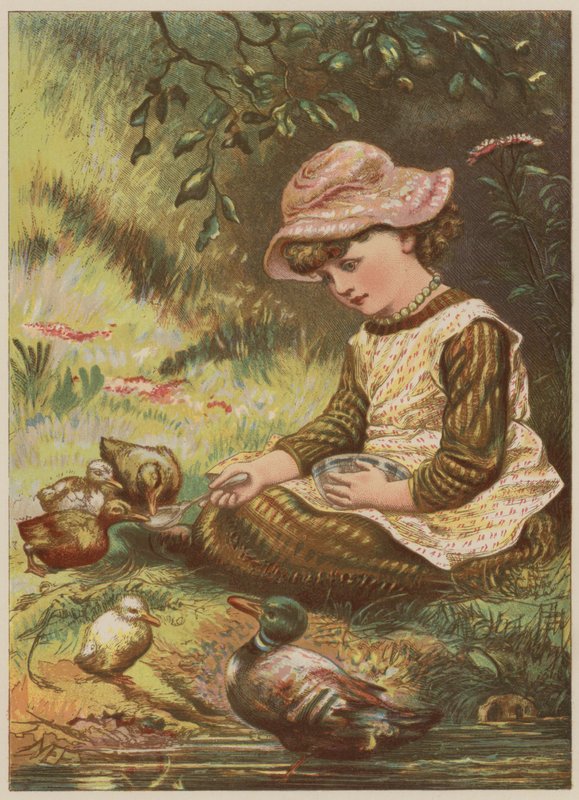 Kiskacsákat etető lány (chromolitho) alkotó: Mary Ellen Edwards